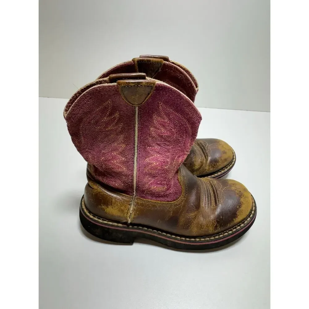 Ariat Brown/Pink Leather Girls Youth Western Boots Sz 13.5 Cowboy